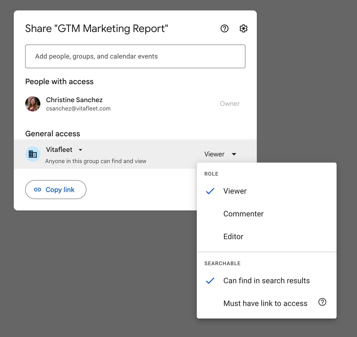 Screenshot of Google Drive's sharing dialogue, with 'Can find in search results' ticked