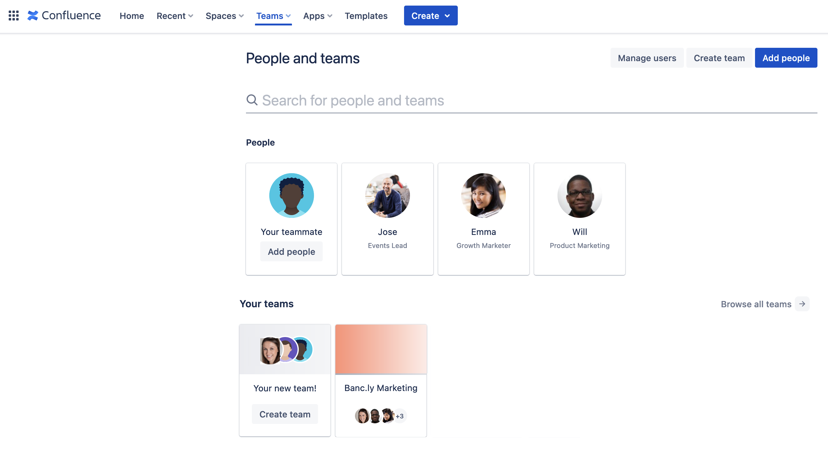 Search for people and teams or add new ones in Confluence.