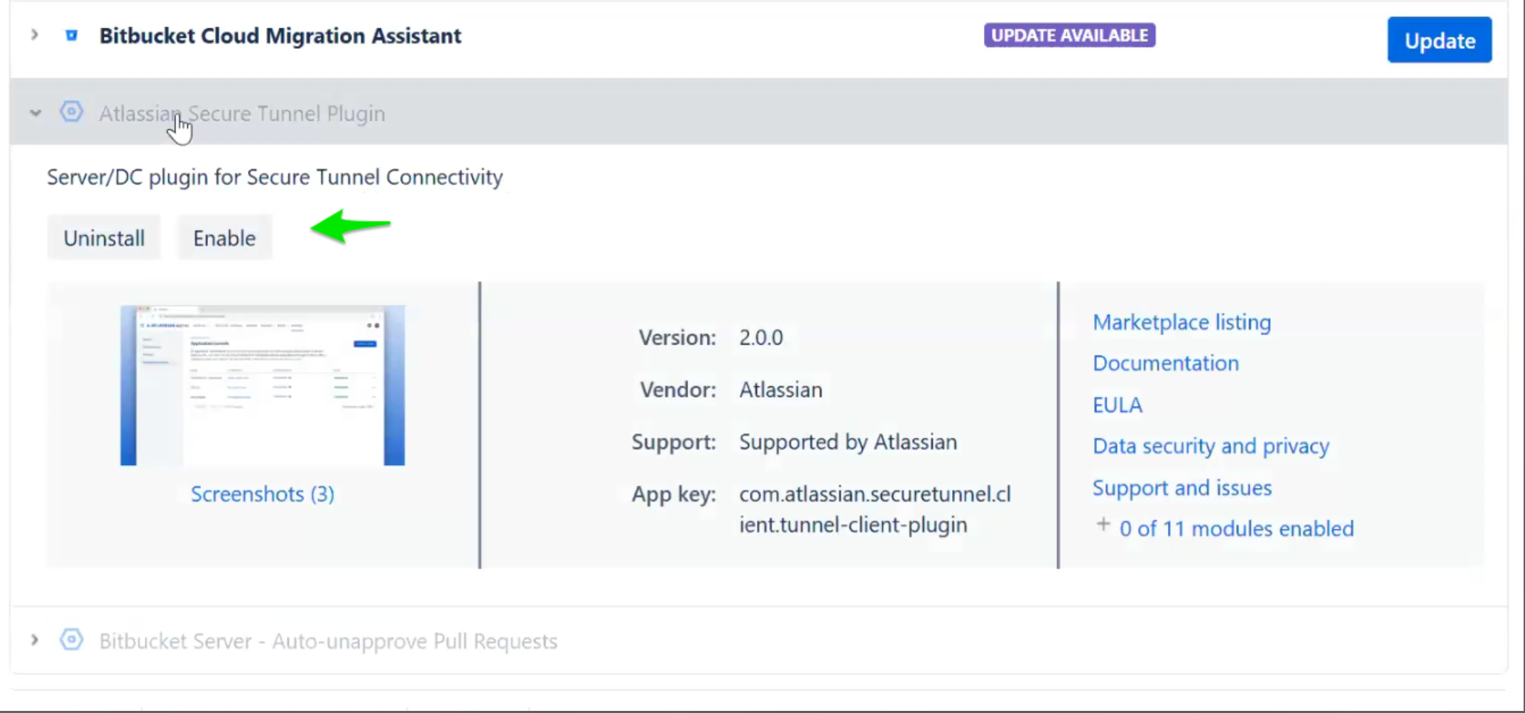 Screenshot of the Bitbucket Cloud Migration Assistant page, highlighting the Atlassian Secure Tunnel Plugin and the "Enable" button. An update is also available.