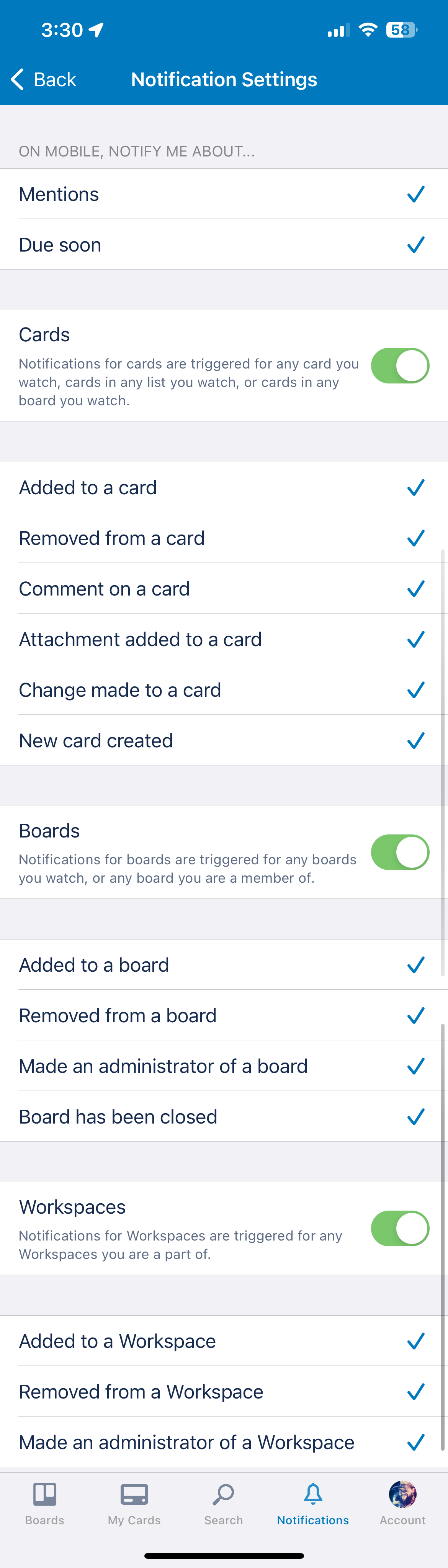 A list of mobile notification options by category on the Trello iOS app menu.