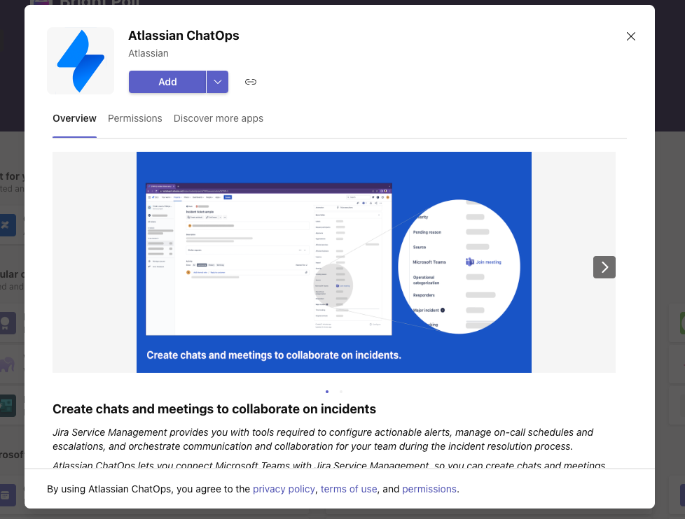 Atlassian ChatOps app listing on Microsoft Teams
