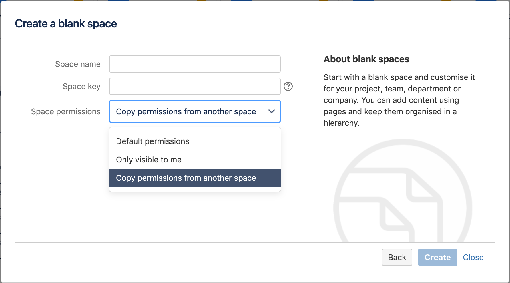 Create a blank space confluence cloud atlassian support