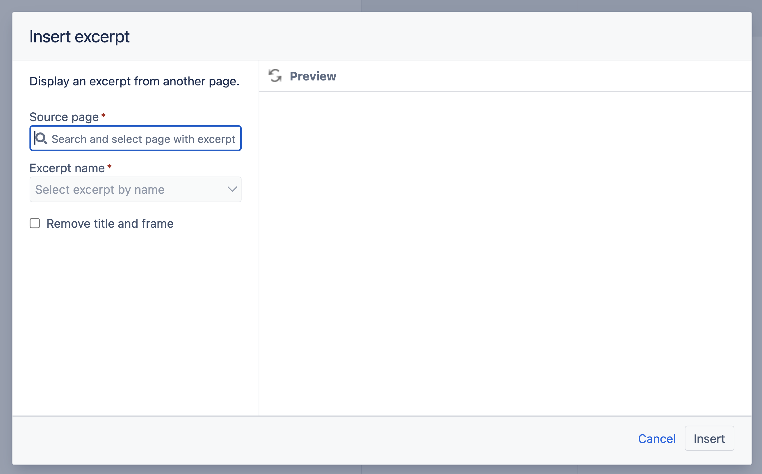 A view of the modal where the insert excerpt macro can be configured while inserting an excerpt onto a page.