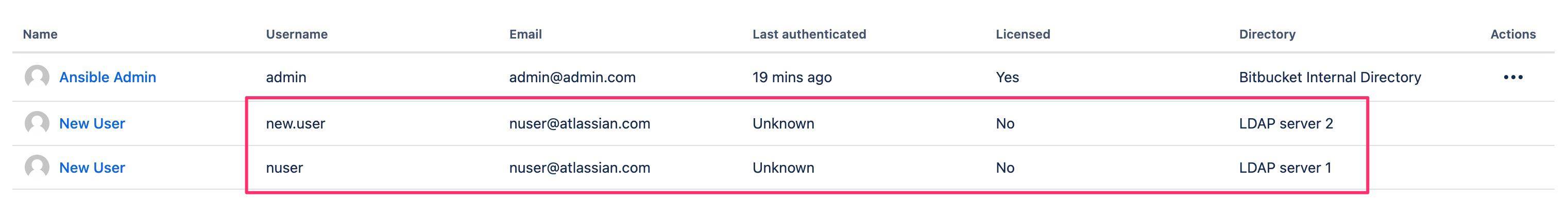 User list showing new.user from LDAP server 2 and nuser from LDAP server 1. Both users have the same email.