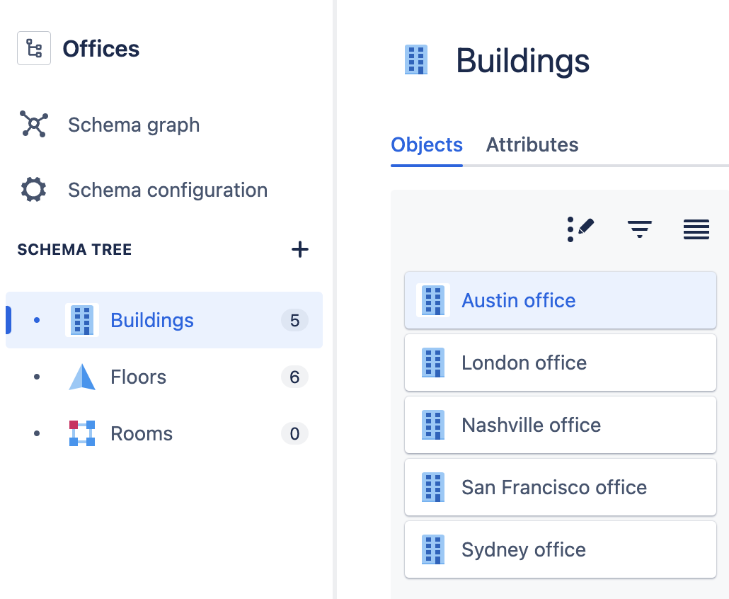 A graph of the Offices Object schema that has 3 object types titled Buildings, Floors, and Rooms. The Buildings object type has 5 objects named Austin office, London office, Nashville office, San Francisco office, and Syndey office.