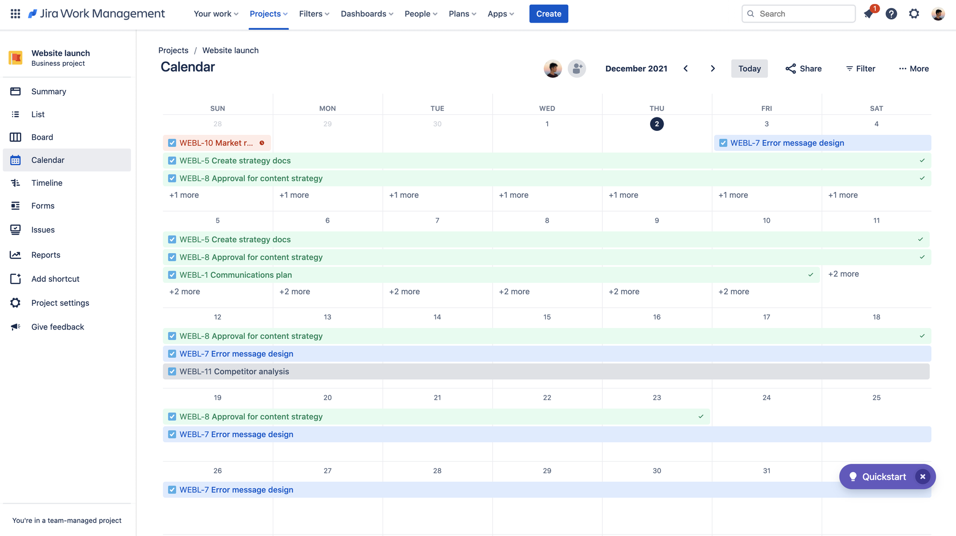 What is the calendar view? Jira Work Management Cloud Atlassian Support