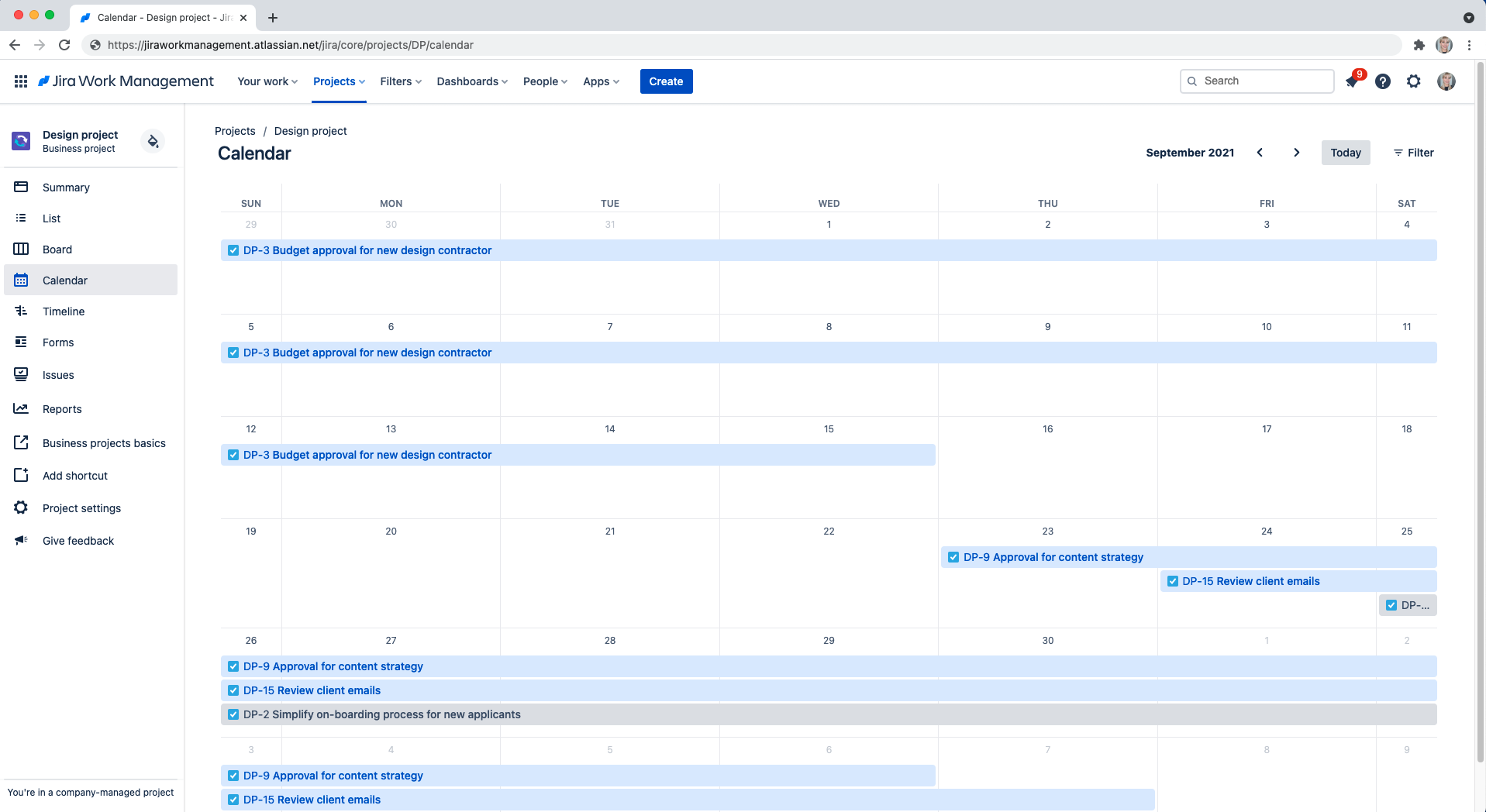 alt="This is the calendar view in Jira Work Management."