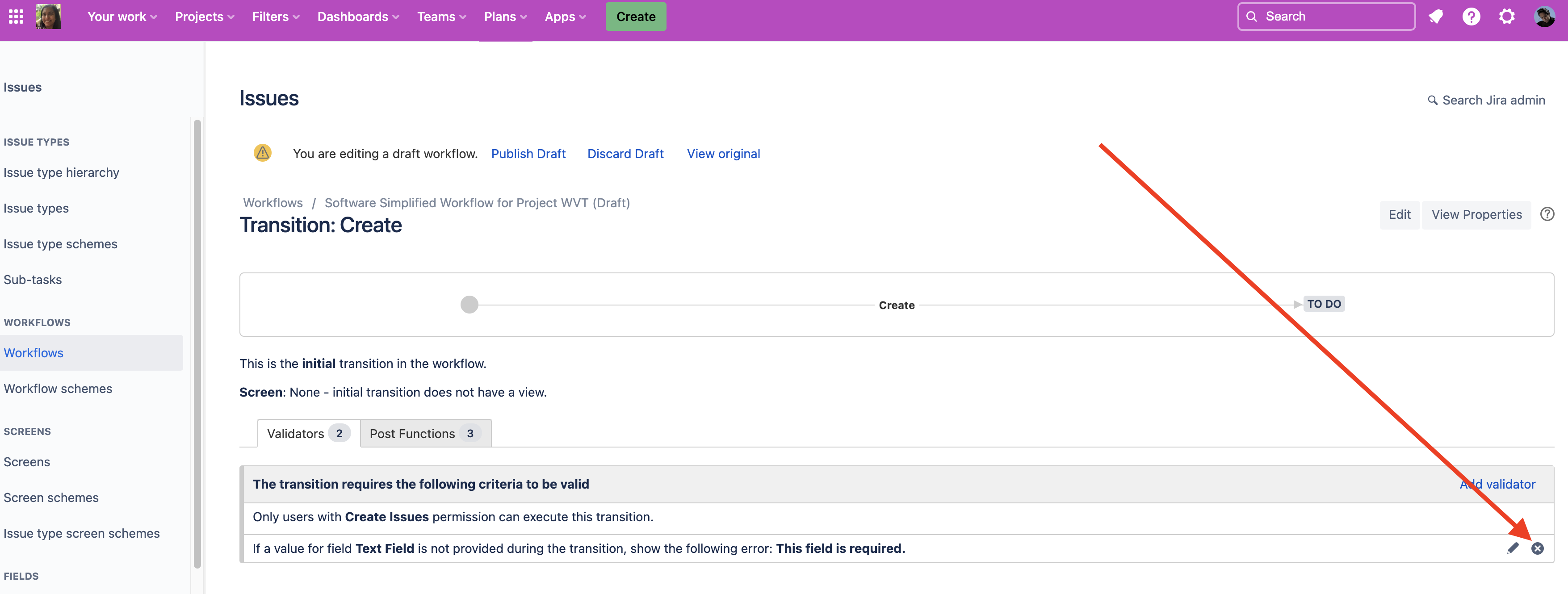 create transition editor. the validators appear at the bottom in a list. the cross icon is highlighted for the field required vaildator.