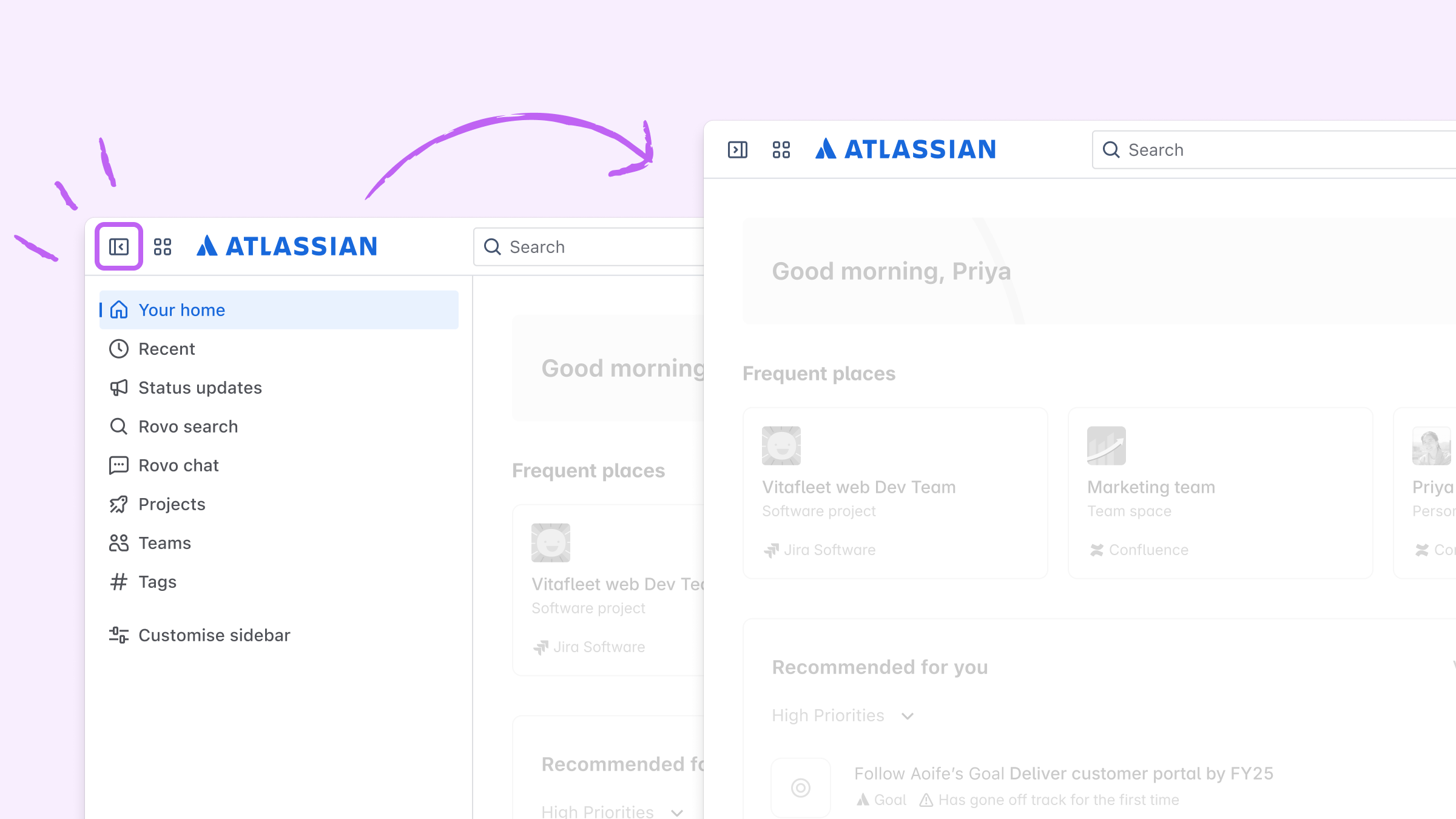 Showing or hiding the sidebar in Atlassian Home