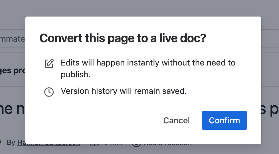 Confirm modal for converting a page to a live doc