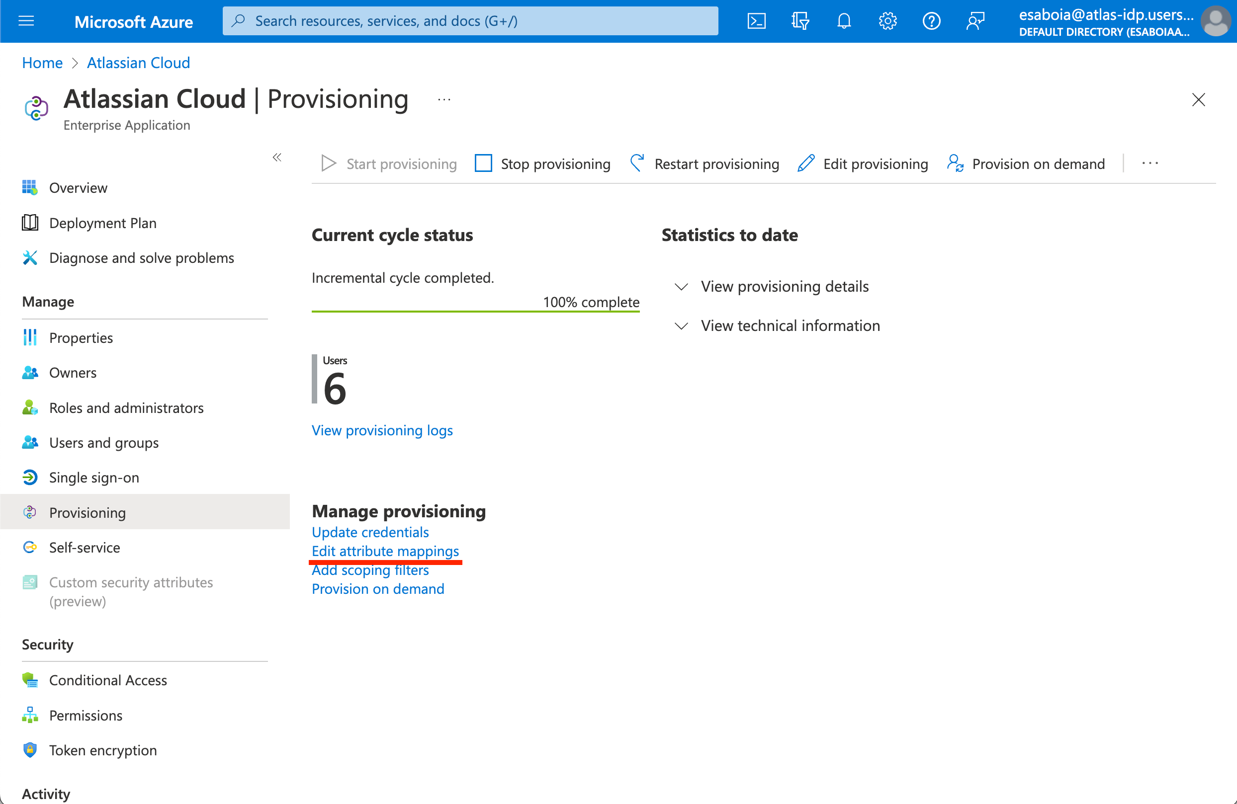 Screenshot of Azure AD provisioning page.