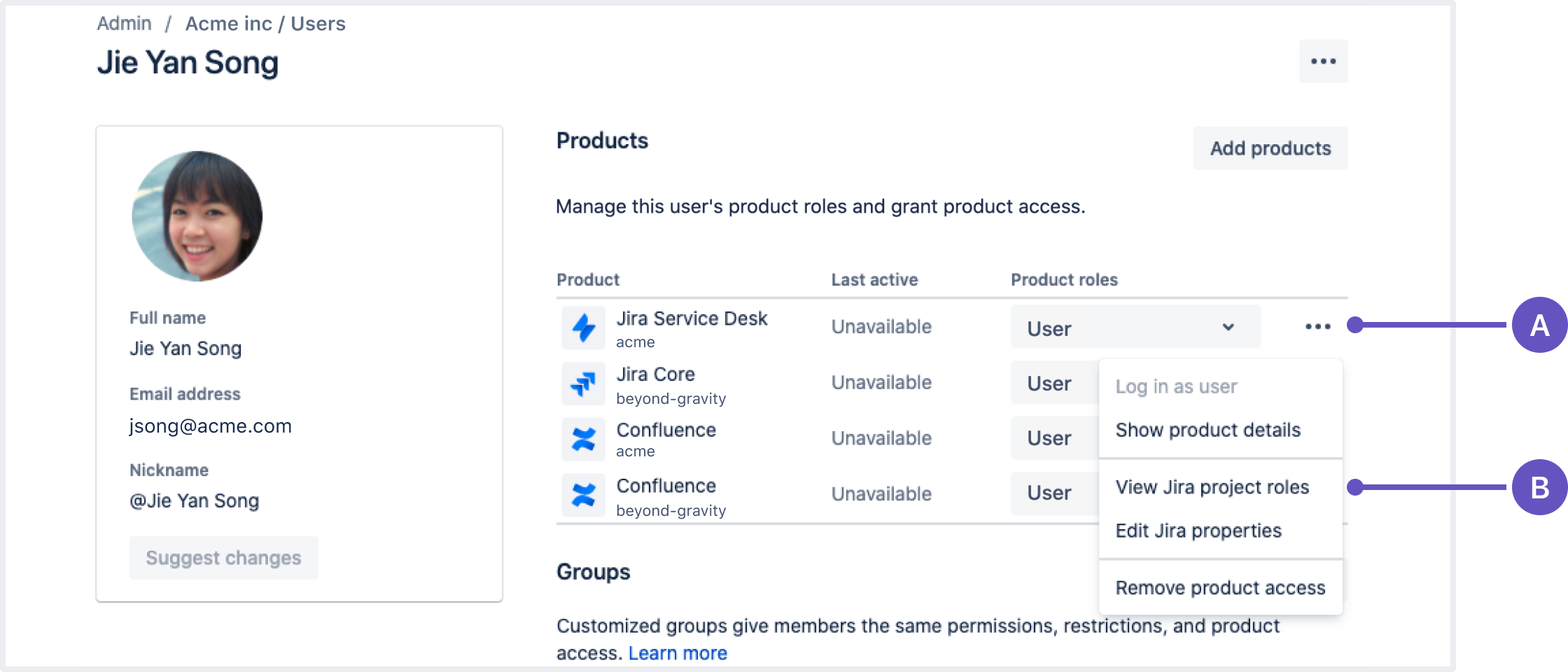 User profile with 3-dot menu showing a View Jira project roles button