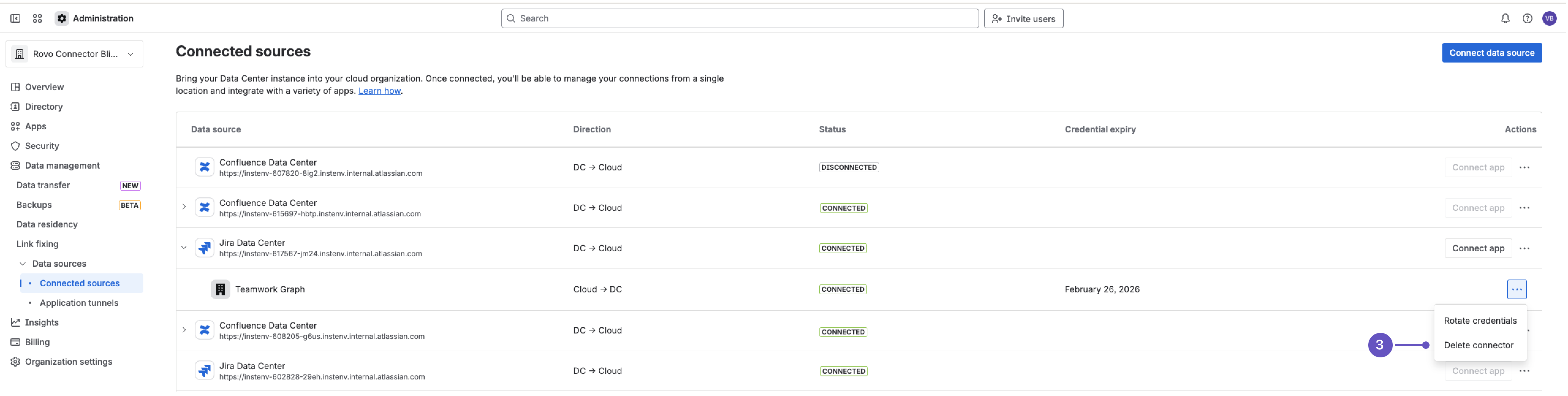 Connected sources page in Atlassian admin with an option to delete connector