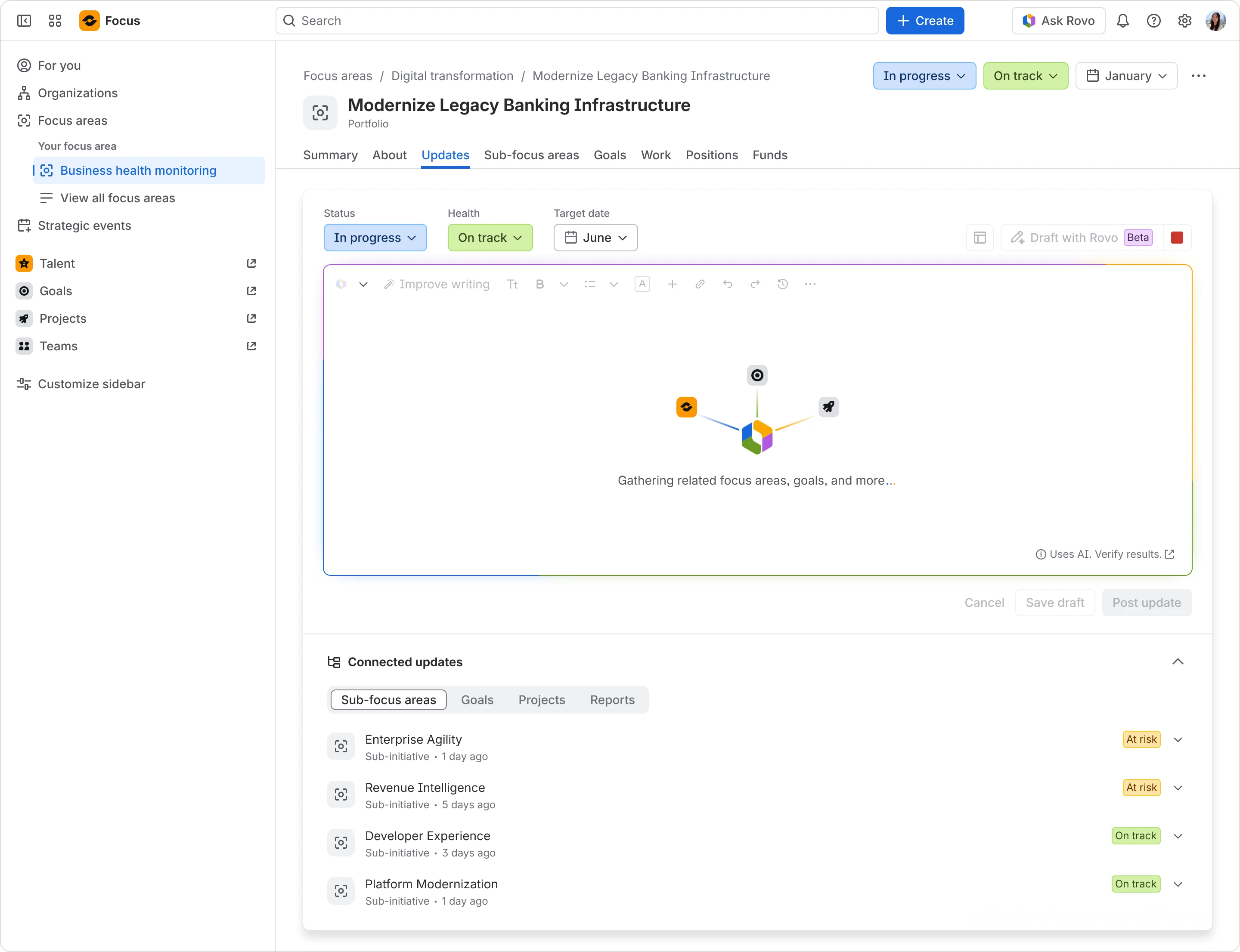 Rovo works to create a status update for Focus