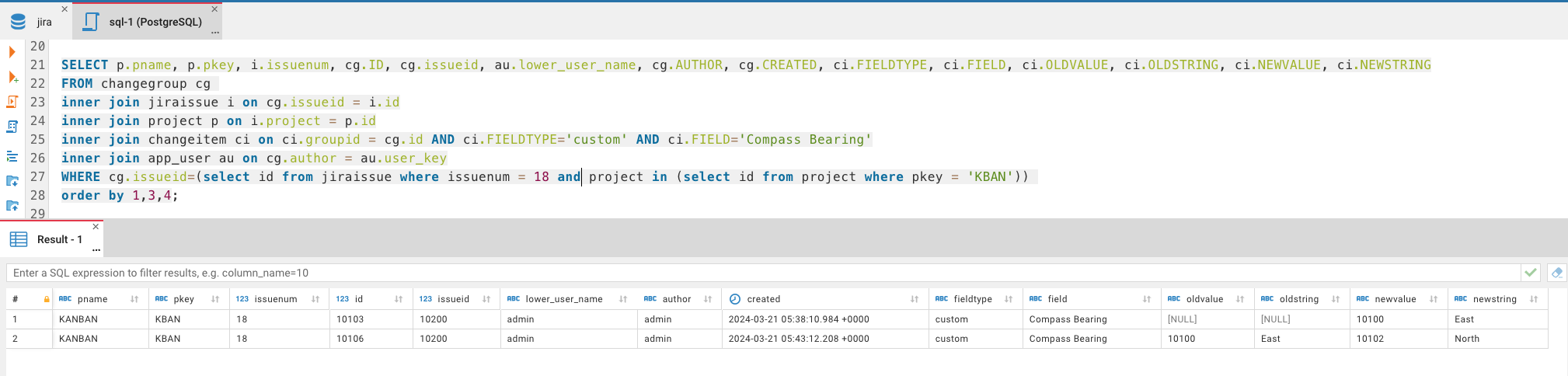 issue history of changes to specific custom field from jira database