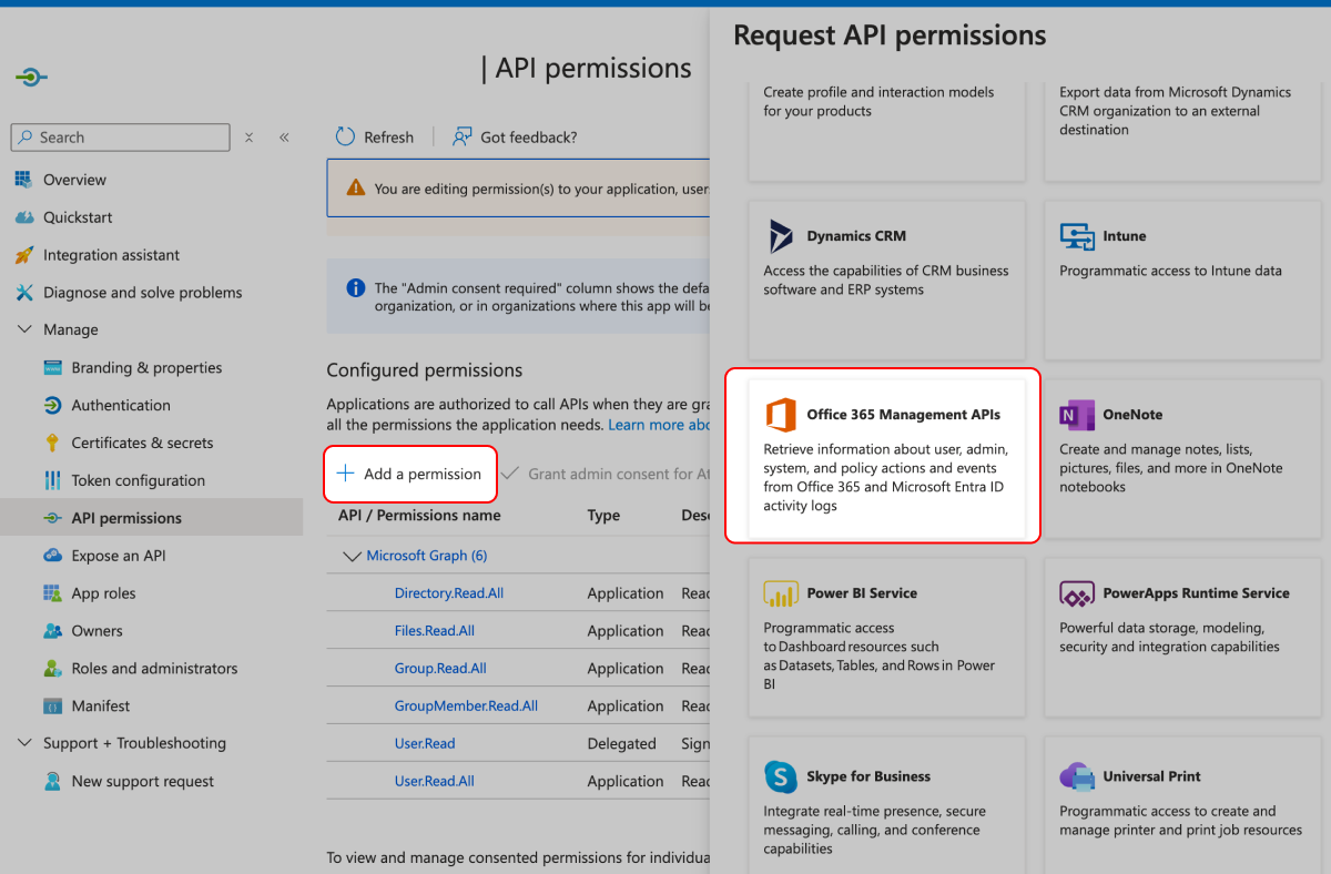 Screenshot of Azure with highlighting for 'Add a permission' and 'Office 365 Management APIs'