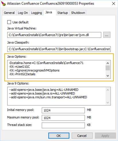 Dialog box showing the Confluence service properties - the 'Java' tab is selected and there are a number of options configured under 'Java Options'