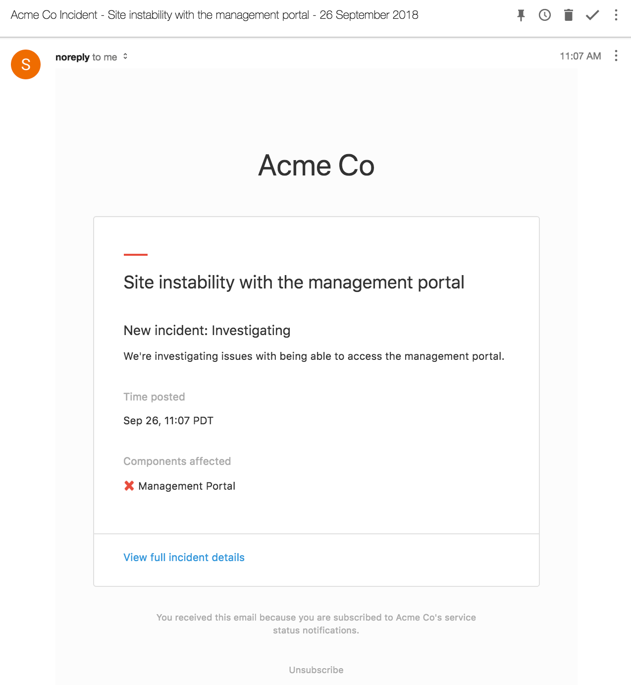 An example Email notification subscribers receive for incident updates