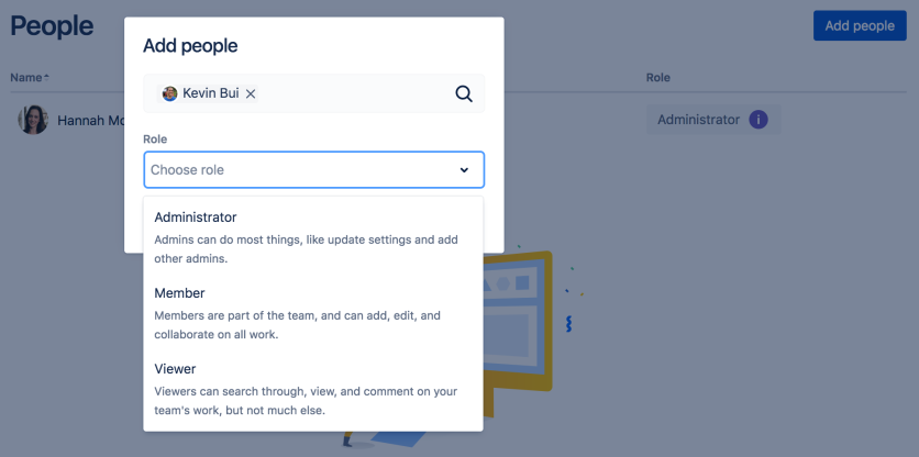 The Add people dialogue. A user has been added, and the dropdown Role provides different role types (admin, member, viewer)