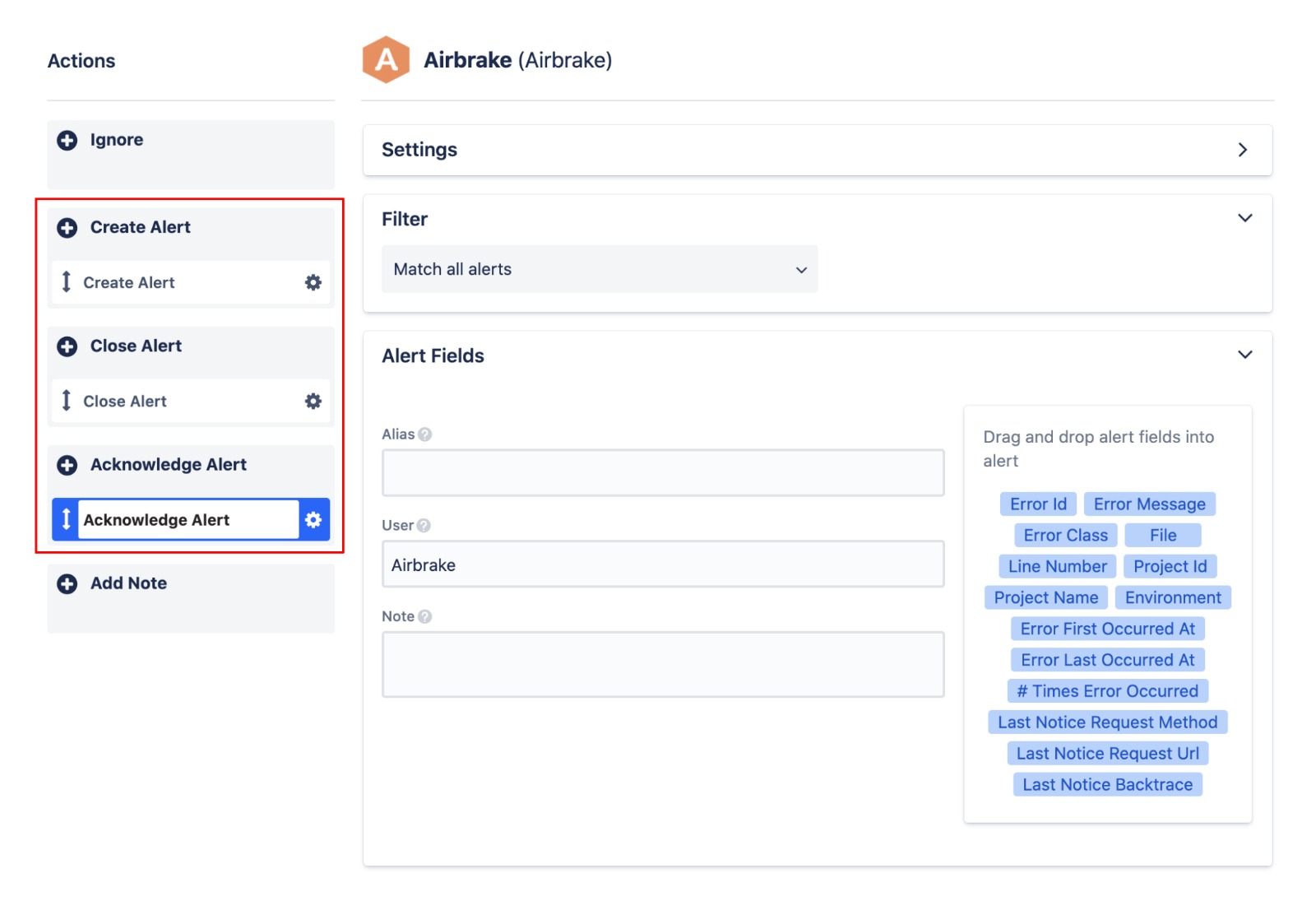 A screenshot showing the advanced actions in an Opsgenie integration.