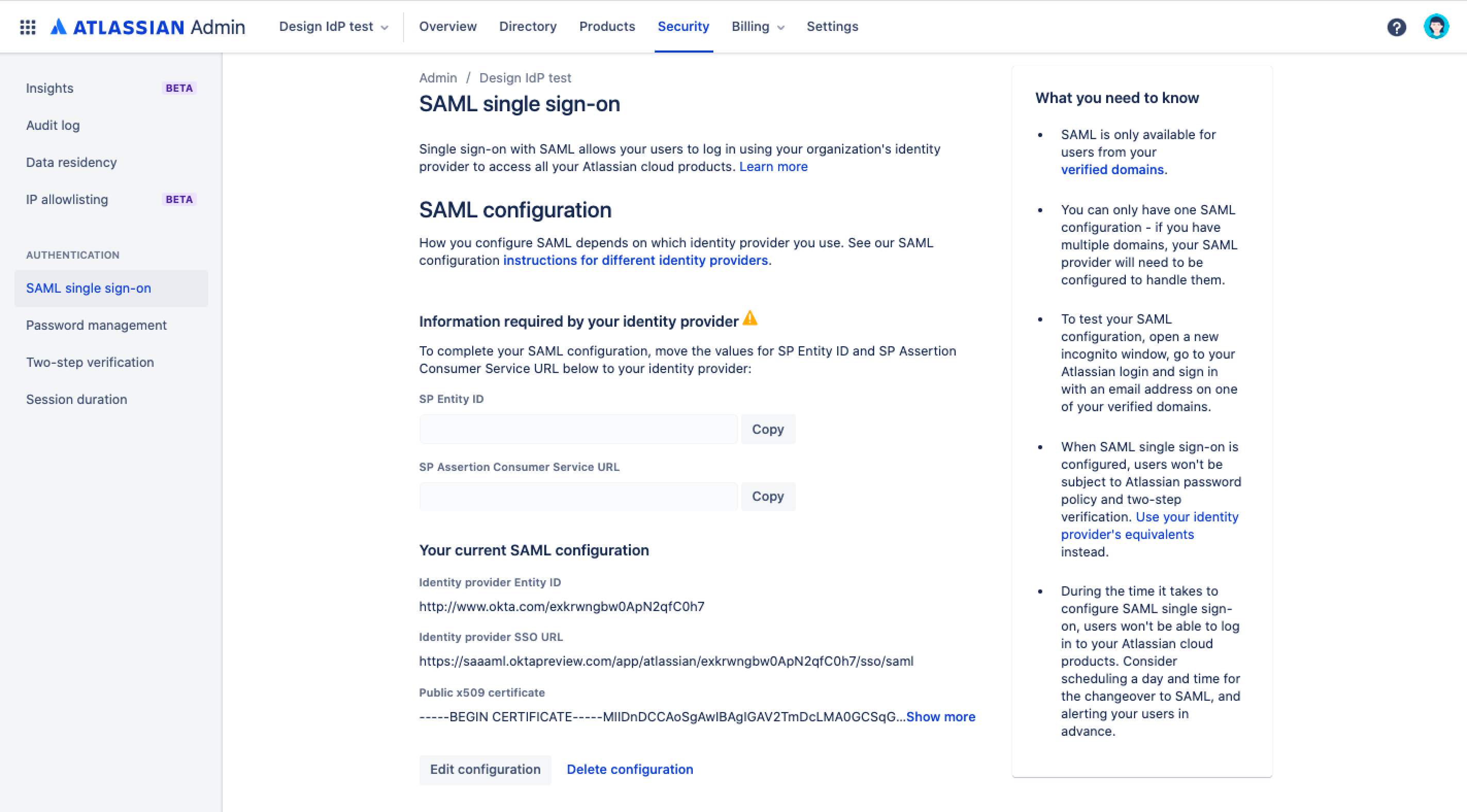 The Admin Security screen for SAML single sign-on