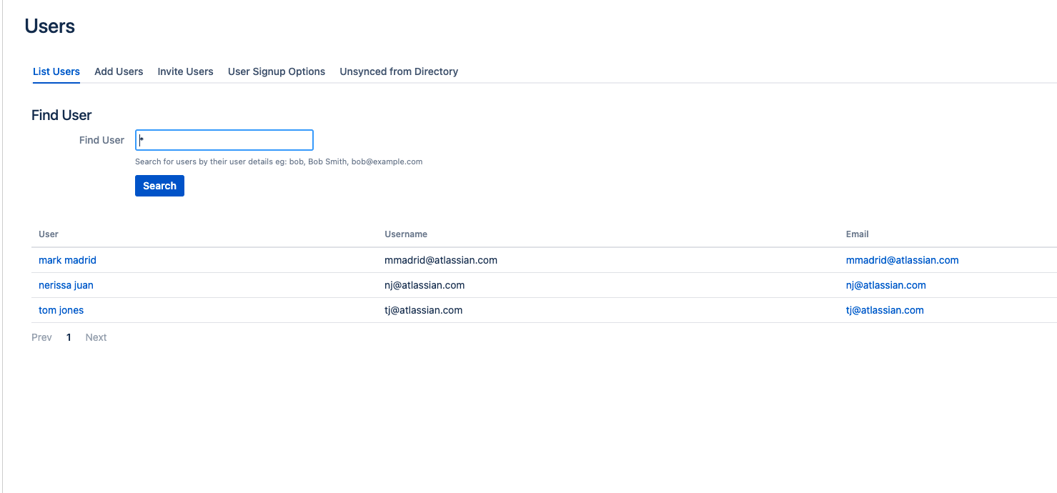 Screenshot showing the Confluence Users page. There are a number of users listed with their usernames and email addresses
