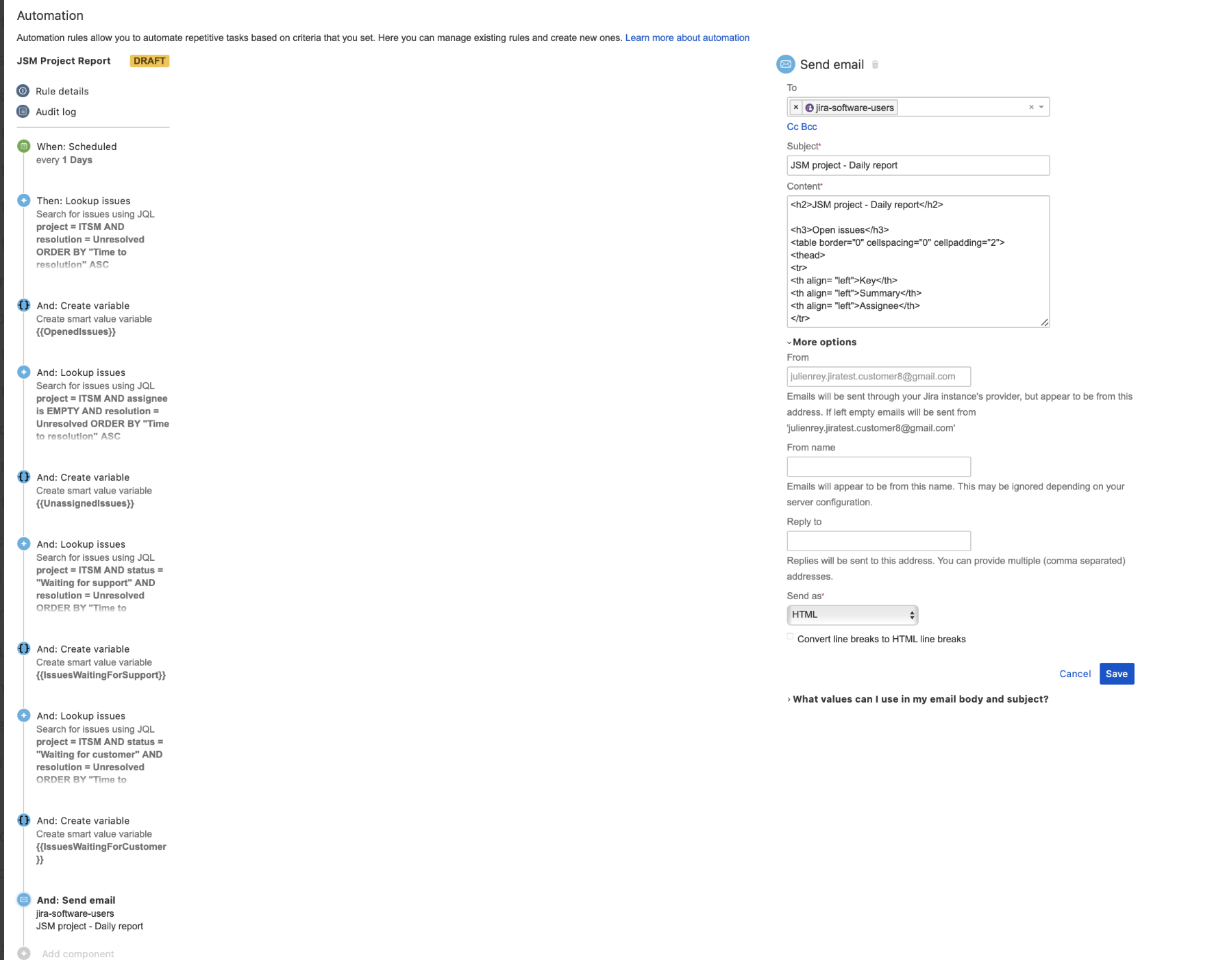 Writing a rule that sends daily emails about JSM backlog