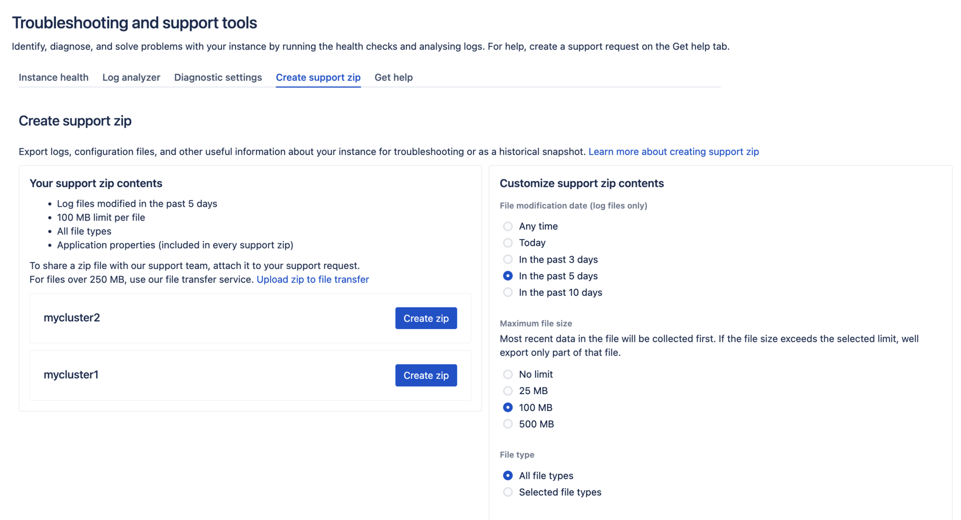 Creating a support zip in Troubleshooting and support tools