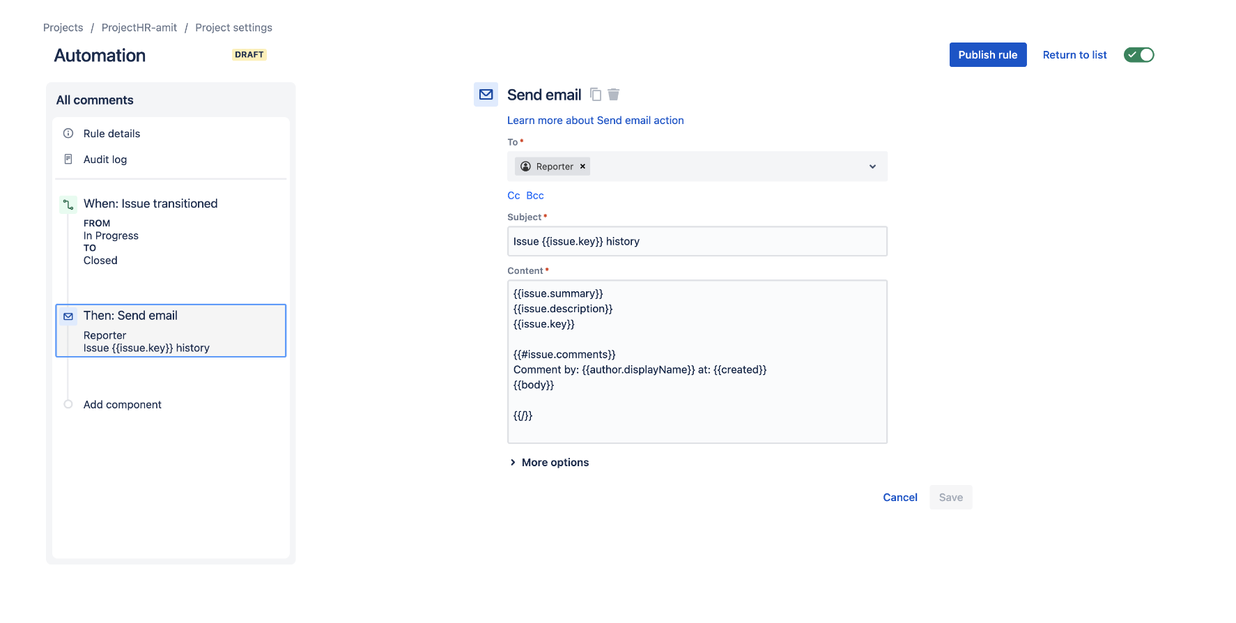 Send Email Action filled with details