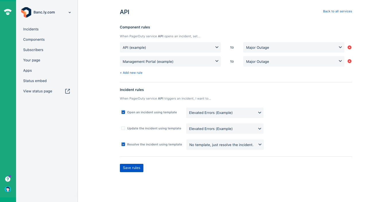 The rules for the Pagerduty integration so that events happen in Pagerduty, components are changed in Statuspage