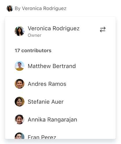 A view of the owner and contributors menu that appears when the content owner is selected from the content byline