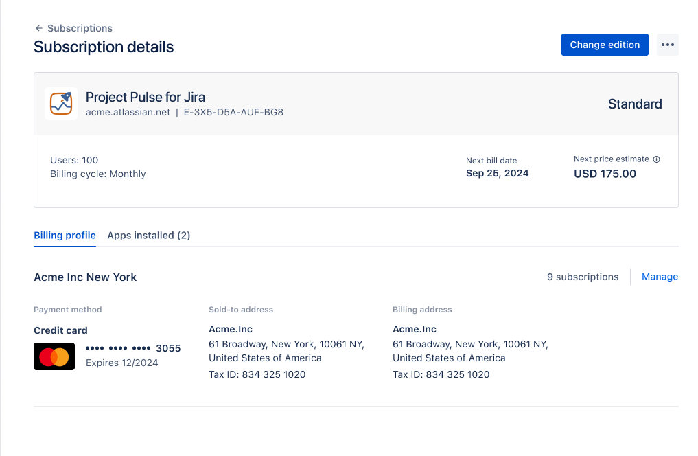 Screen showing billing details and button to change edition