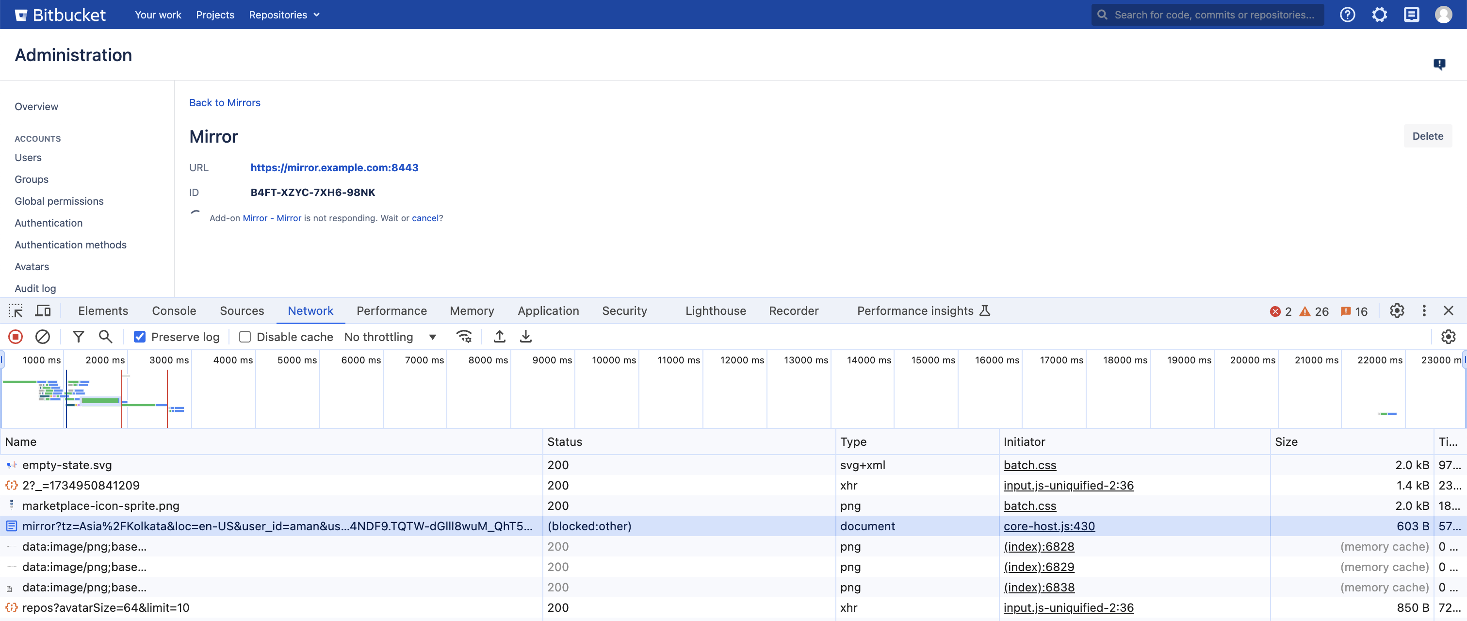 Network tab in browser's developer tools, the request to the /plugins/servlet/admin/mirror endpoint shows a status of "blocked:other"