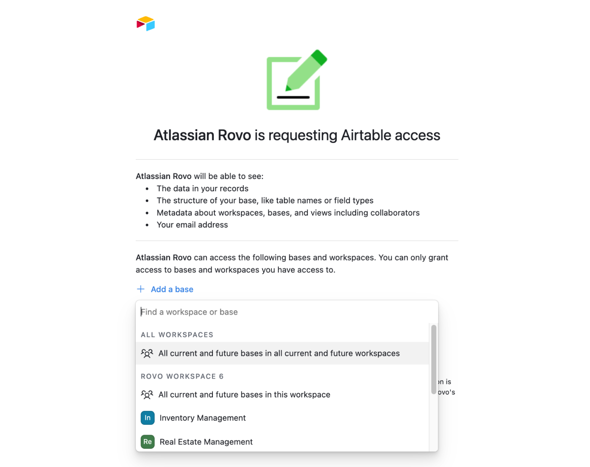 Airtable consent screen asking the user to pick the workspaces they want their Atlassian account to have access to.