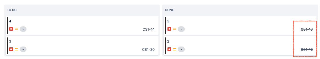 example sprint with 4 issues. two issues are complete with strikethroughs on their issue keys.