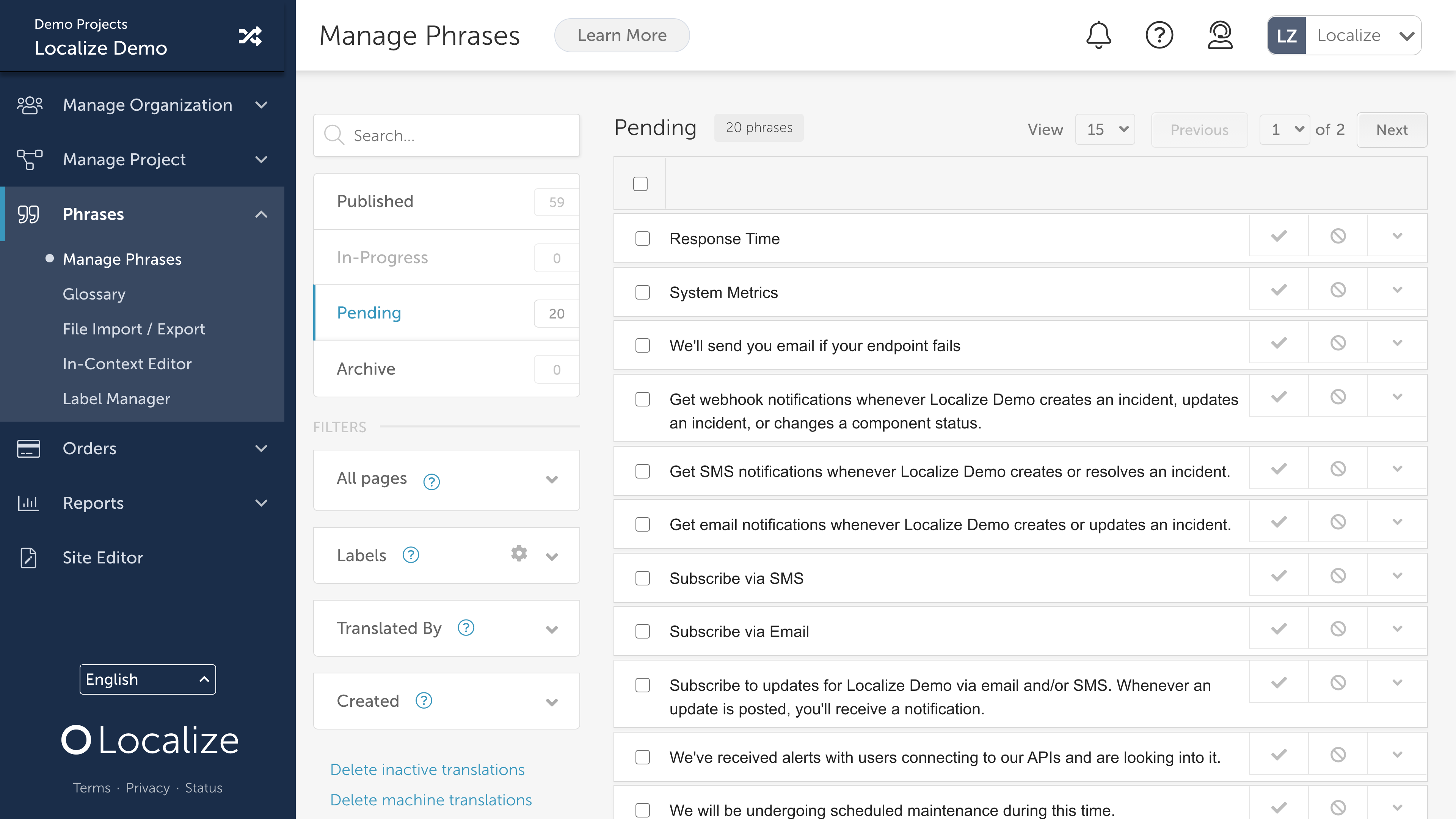 Shows the step 4 for Localize setup, where you would manage phrases.