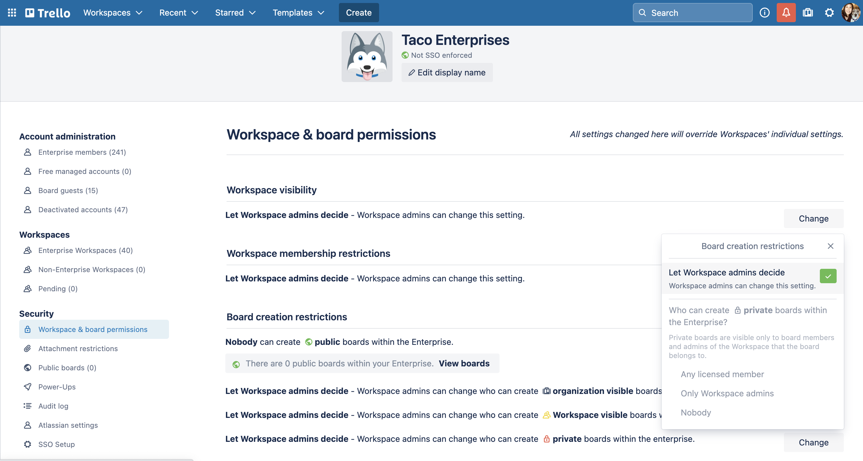 Workspace and board permission settings