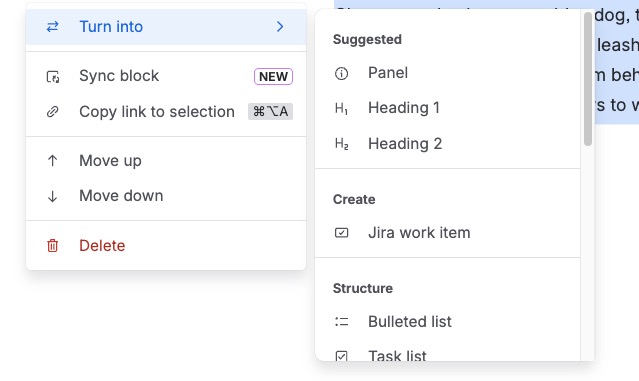 A view of the block menu open with the Turn into option selected and a submenu open.