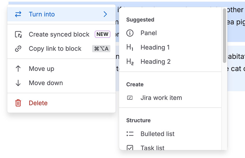 A view of the block menu open with the Turn into option selected and a submenu open.