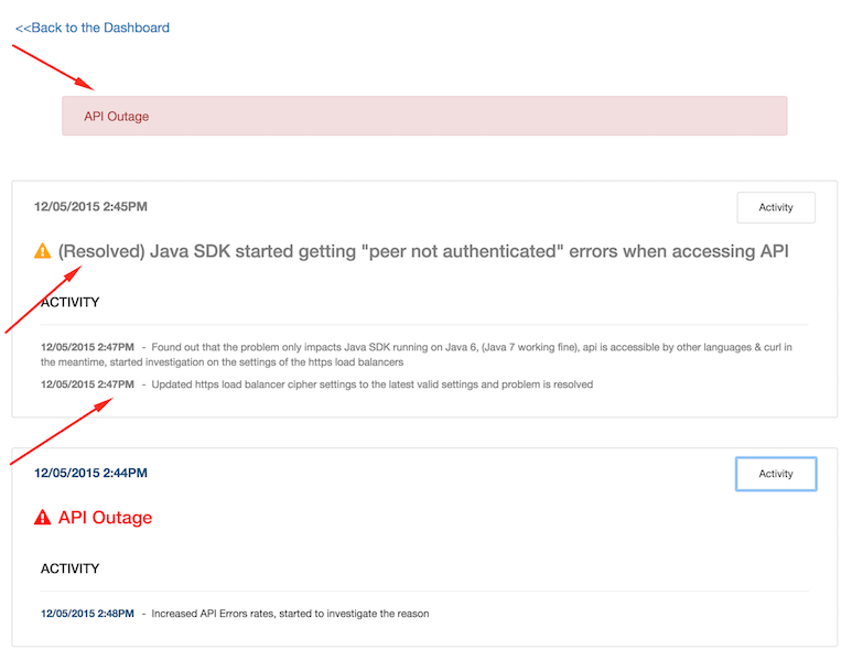 ステータス ページ API の停止