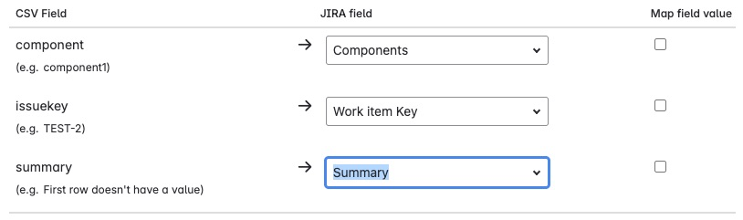Each entry from the csv file is mapped to a corresponding field in Jira