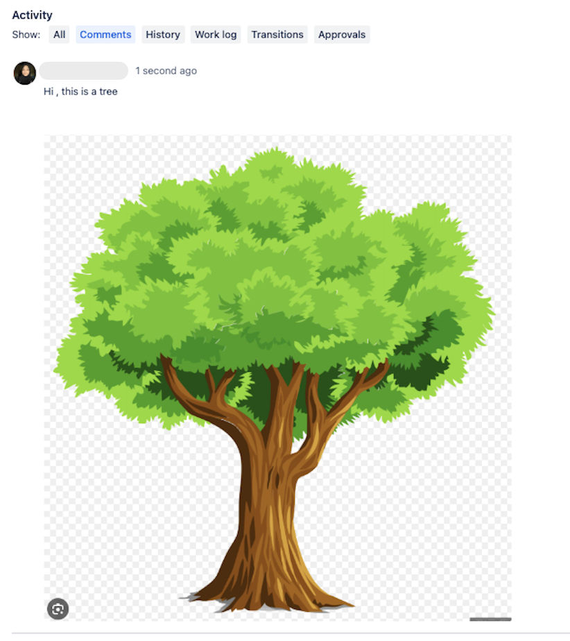 Public comment in Jira that includes an image of a tree.