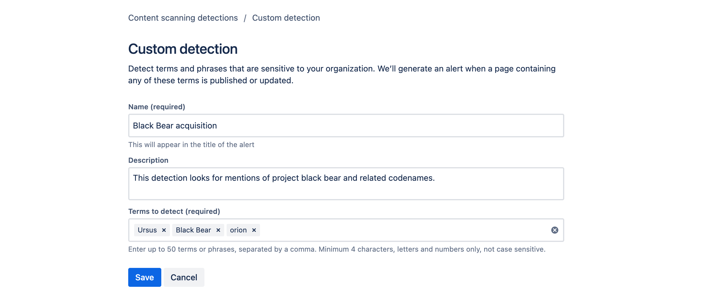 Custom detection form showing name, description, and terms to detect fields. 