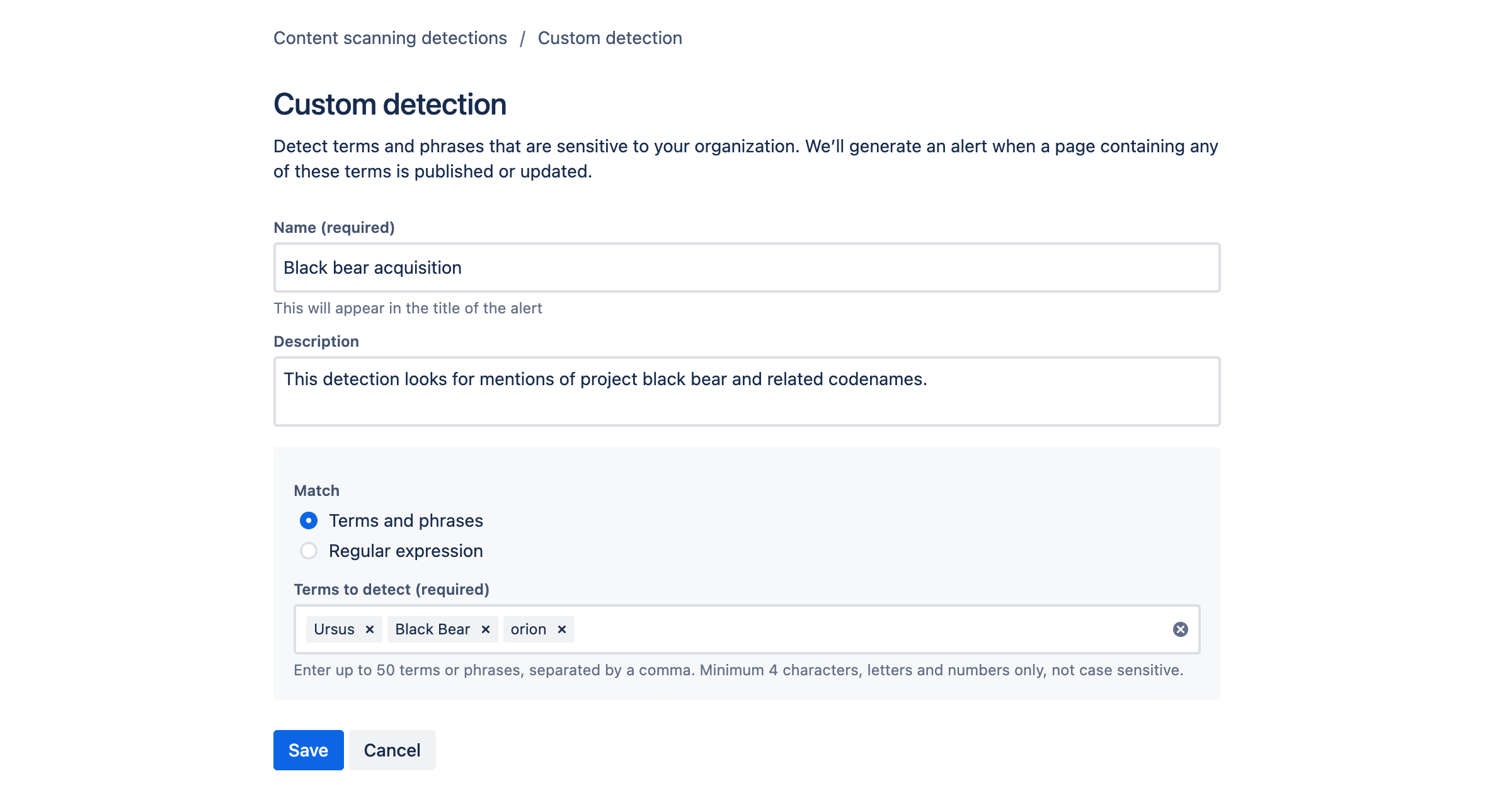 Custom detection form showing name, description, and terms to detect fields. 