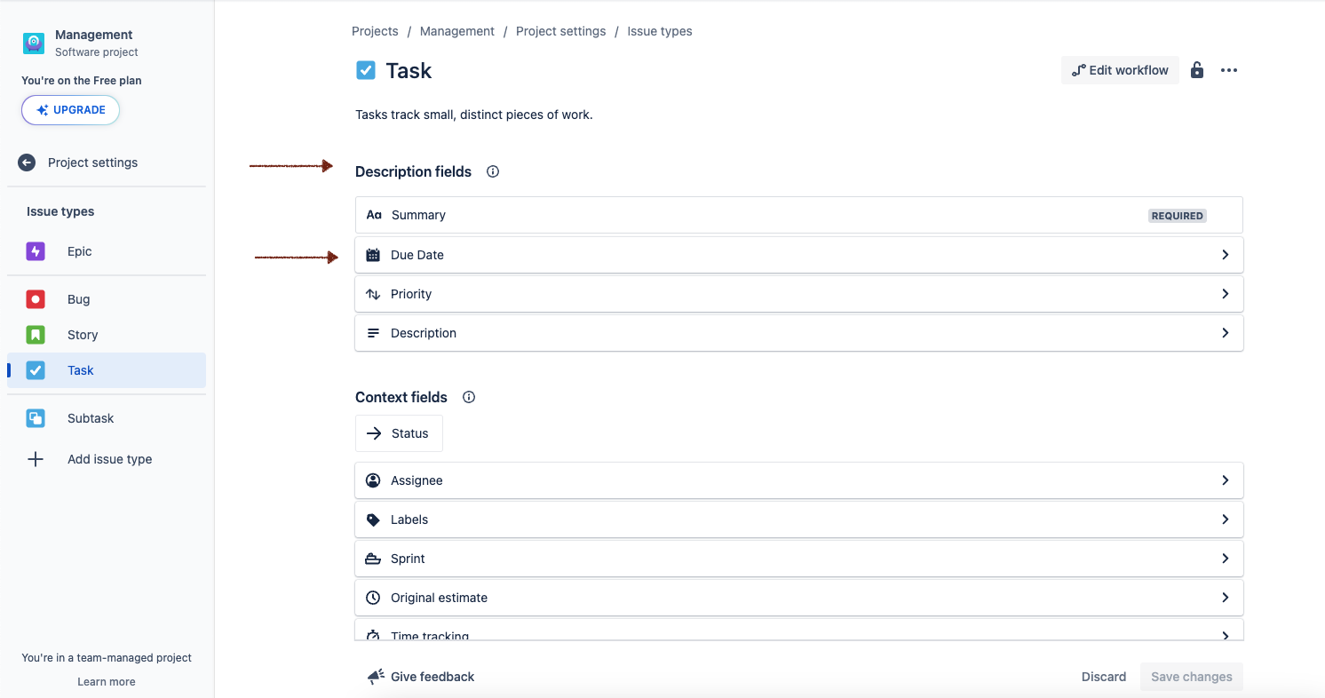 team-managed issue layout editor. the due date field is listed in the section labeled description fields and is highlighted with an arrow.