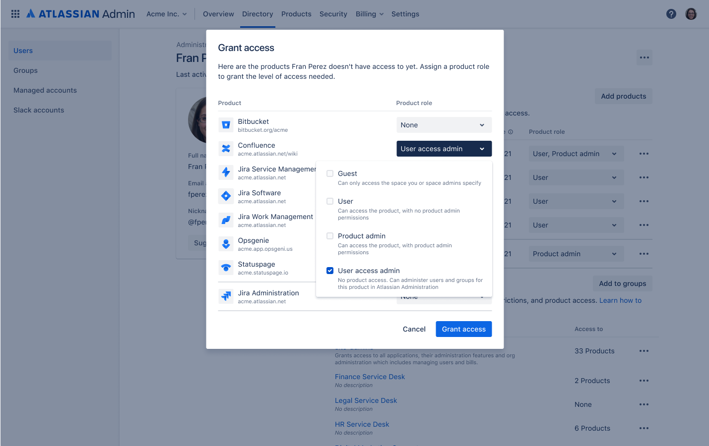 User details page, select add products, assign the user access admin role for Confluence