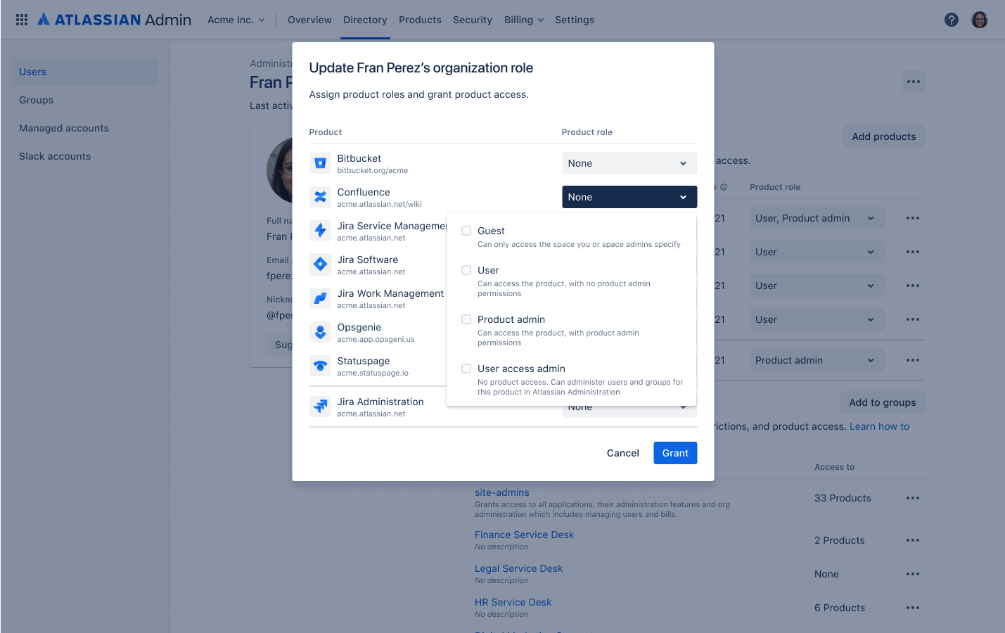 User details page, select add products, assign the user access admin role for Confluence
