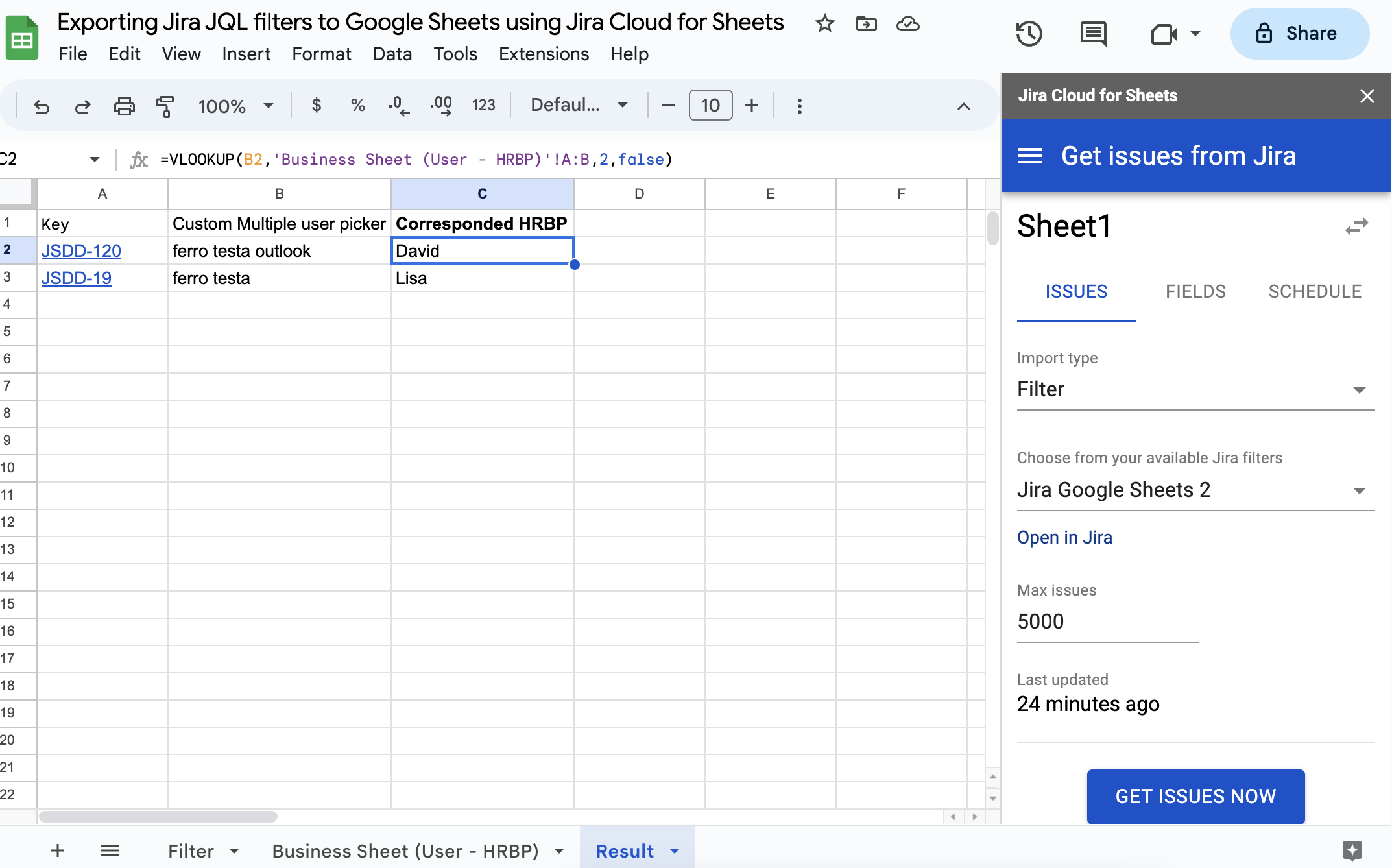 A Google Sheet displays Jira issue keys and uses a VLOOKUP formula to pull corresponding HRBP data from another sheet. The Jira Cloud for Sheets sidebar is open with the Get Issues from Jira panel active.  The selected filter is Jira Google Sheets 2,