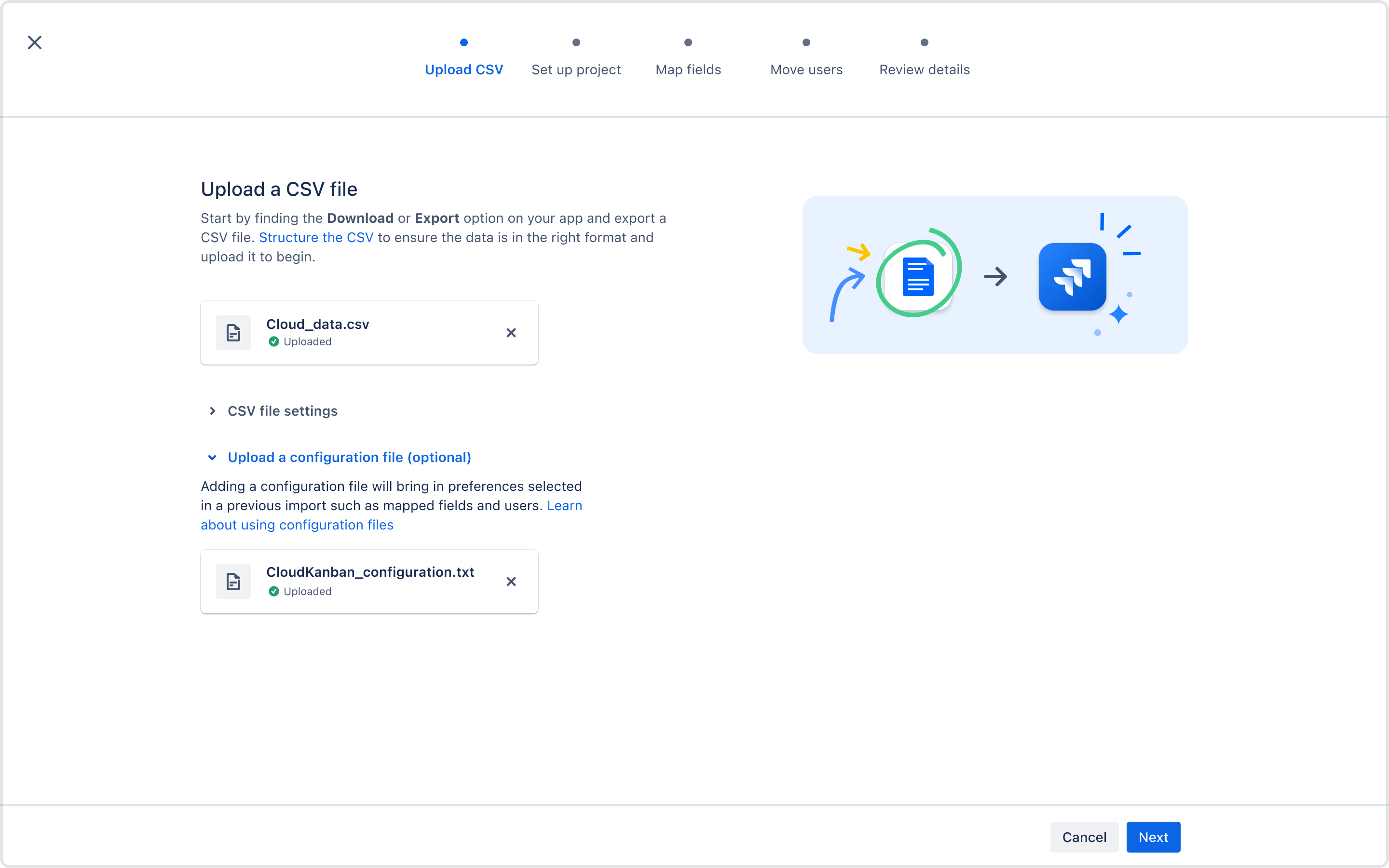 Upload a CSV file screen with a CSV file and a configuration file uploaded