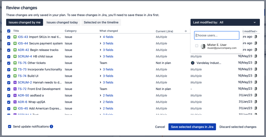 Filter changes made in your plan, Jira Software Cloud